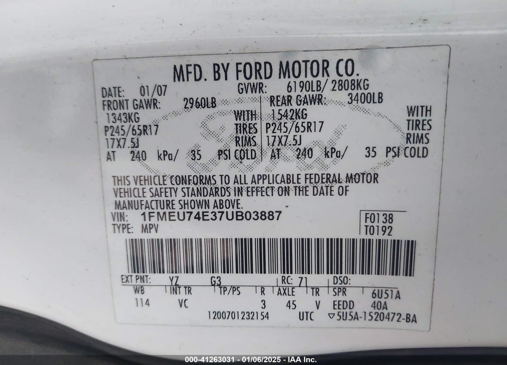 2007 FORD EXPLORER EDDIE BAUER VIN: 1FMEU74E37UB03887