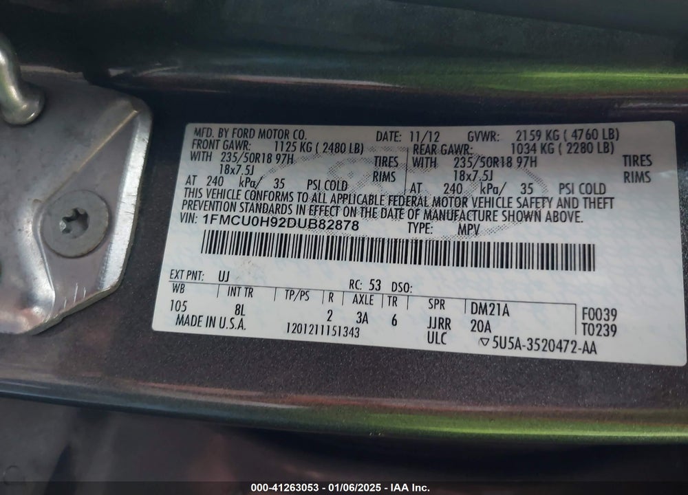 2013 FORD ESCAPE SEL VIN: 1FMCU0H92DUB82878