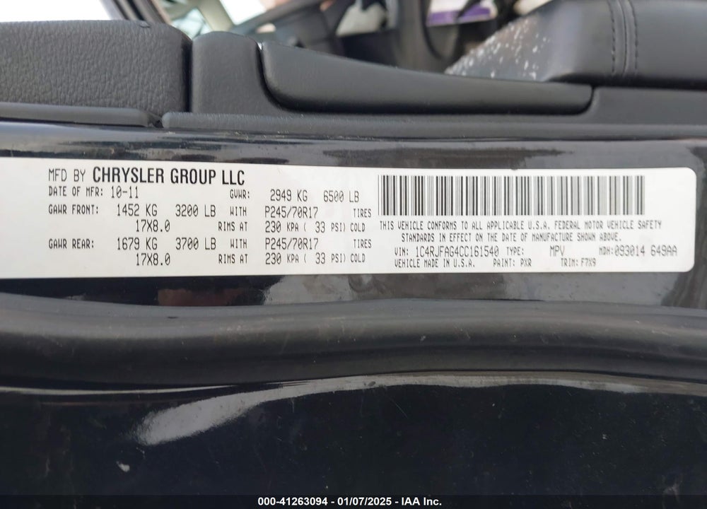 2012 JEEP GRAND CHEROKEE LAREDO VIN: 1C4RJFAG4CC161540