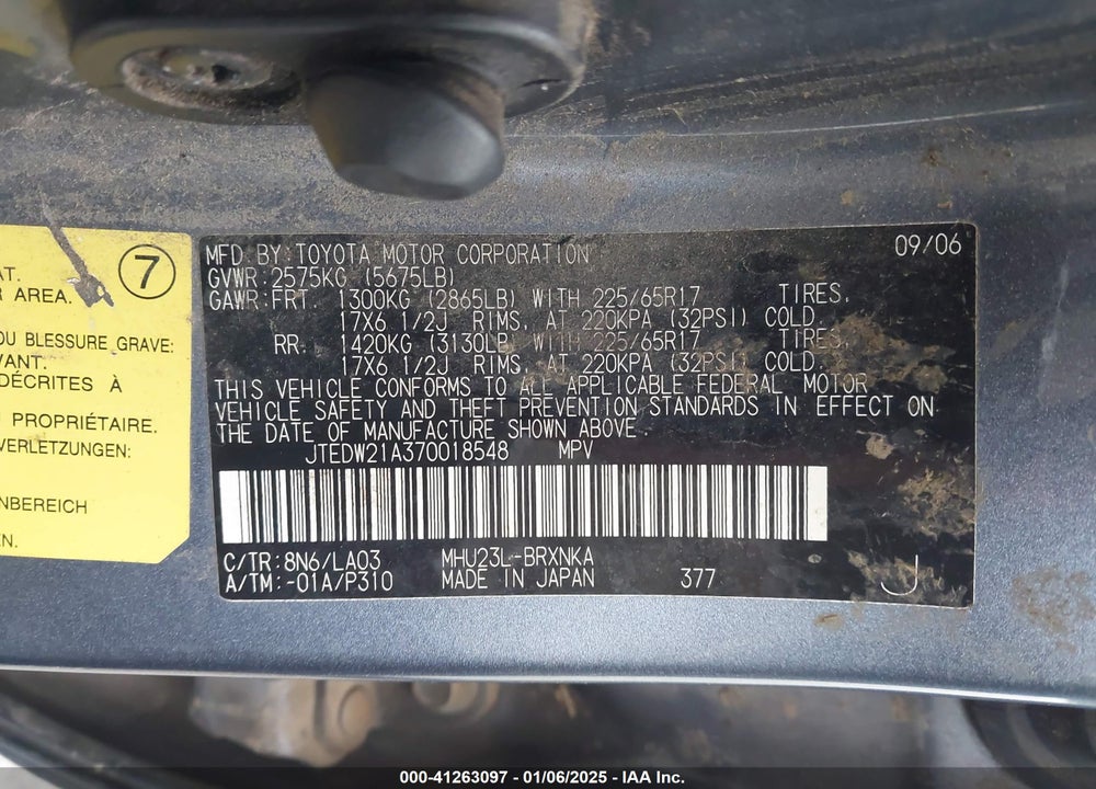 2007 TOYOTA HIGHLANDER HYBRID LIMITED V6 VIN: JTEDW21A370018548