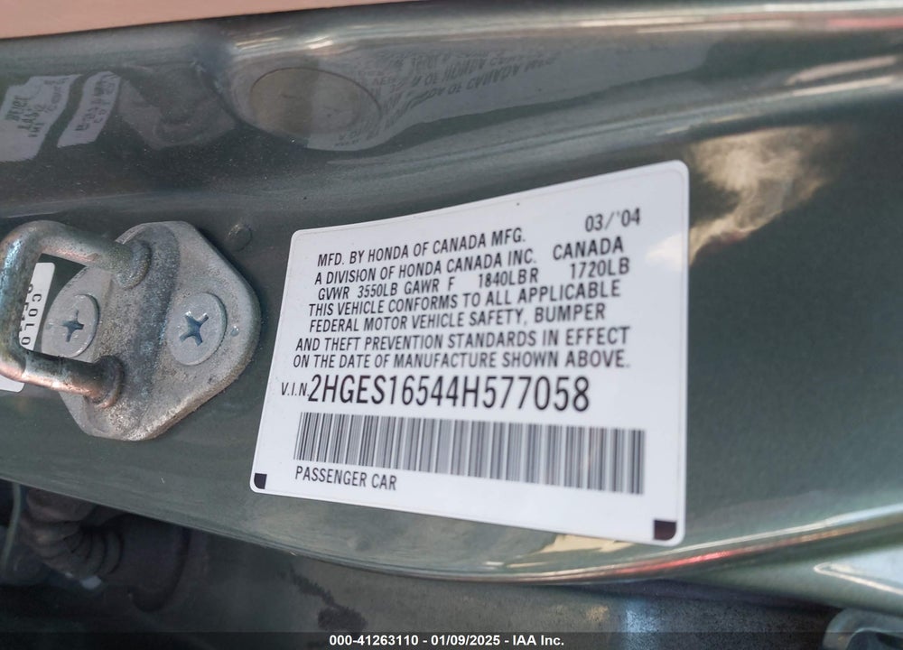 2004 HONDA CIVIC LX VIN: 2HGES16544H577058