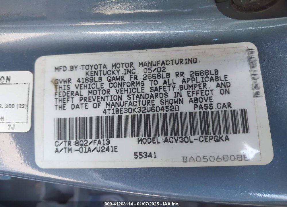 2002 TOYOTA CAMRY XLE VIN: 4T1BE30K32U604520