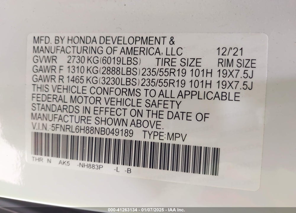 2022 HONDA ODYSSEY TOURING VIN: 5FNRL6H88NB049189