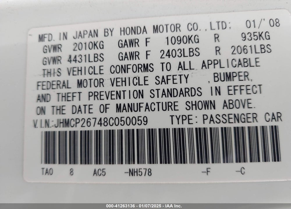 2008 HONDA ACCORD 2.4 EX VIN: JHMCP26748C050059