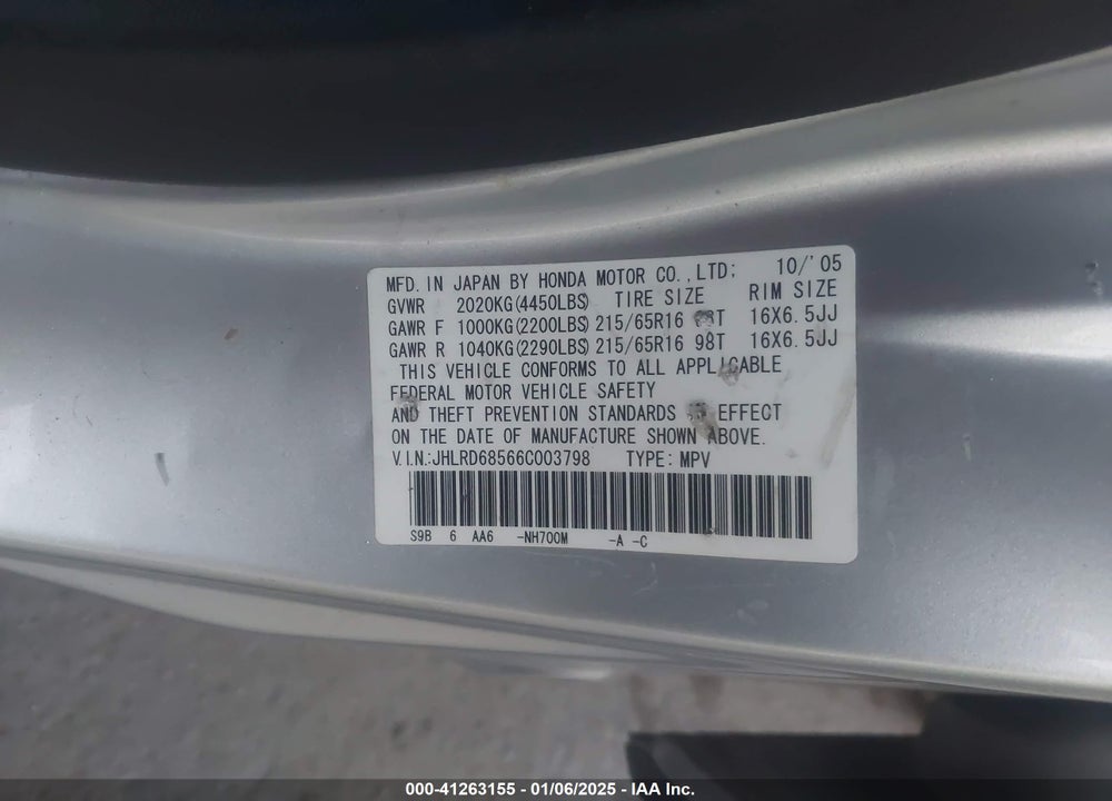 2006 HONDA CR-V LX VIN: JHLRD68566C003798