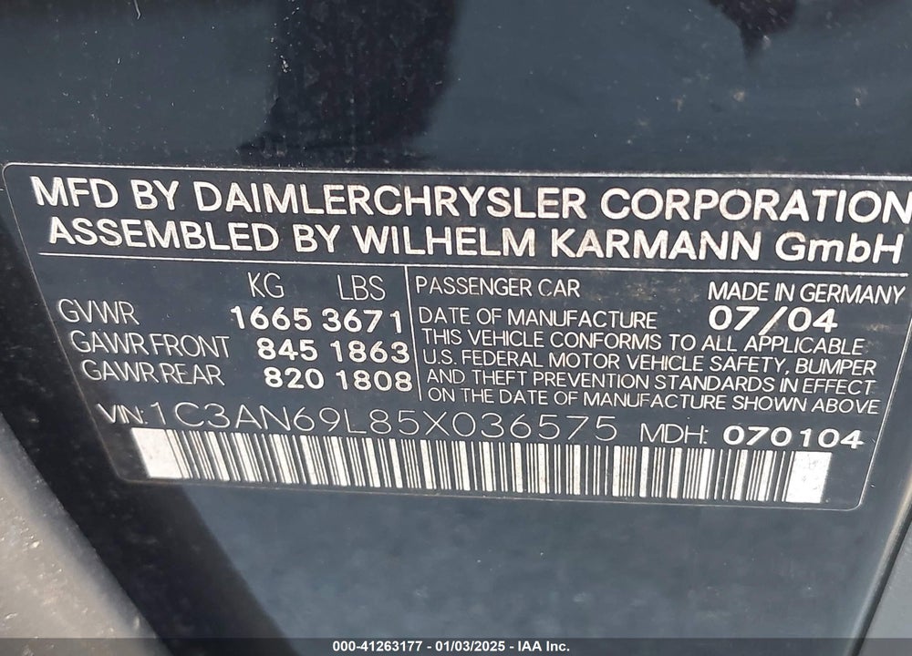 2005 CHRYSLER CROSSFIRE LIMITED VIN: 1C3AN69L85X036575