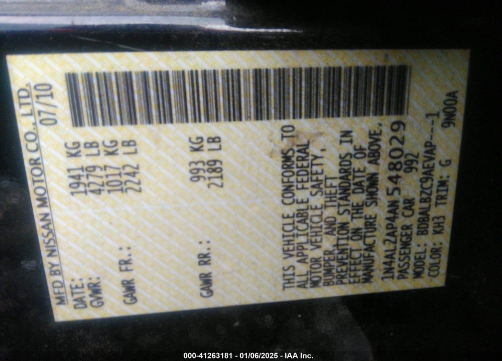 2010 NISSAN ALTIMA 2.5 S VIN: 1N4AL2AP4AN548029