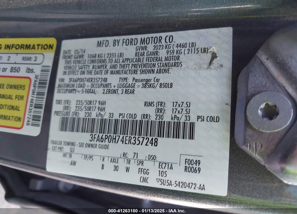 2014 FORD FUSION SE VIN: 3FA6P0H74ER357248
