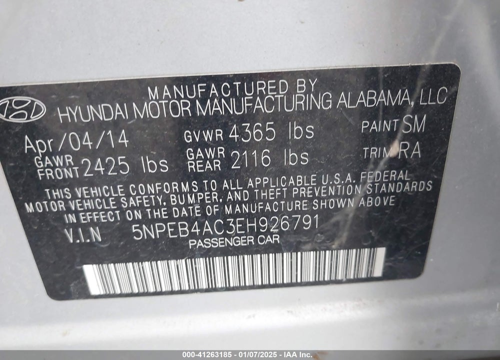 2014 HYUNDAI SONATA GLS VIN: 5NPEB4AC3EH926791