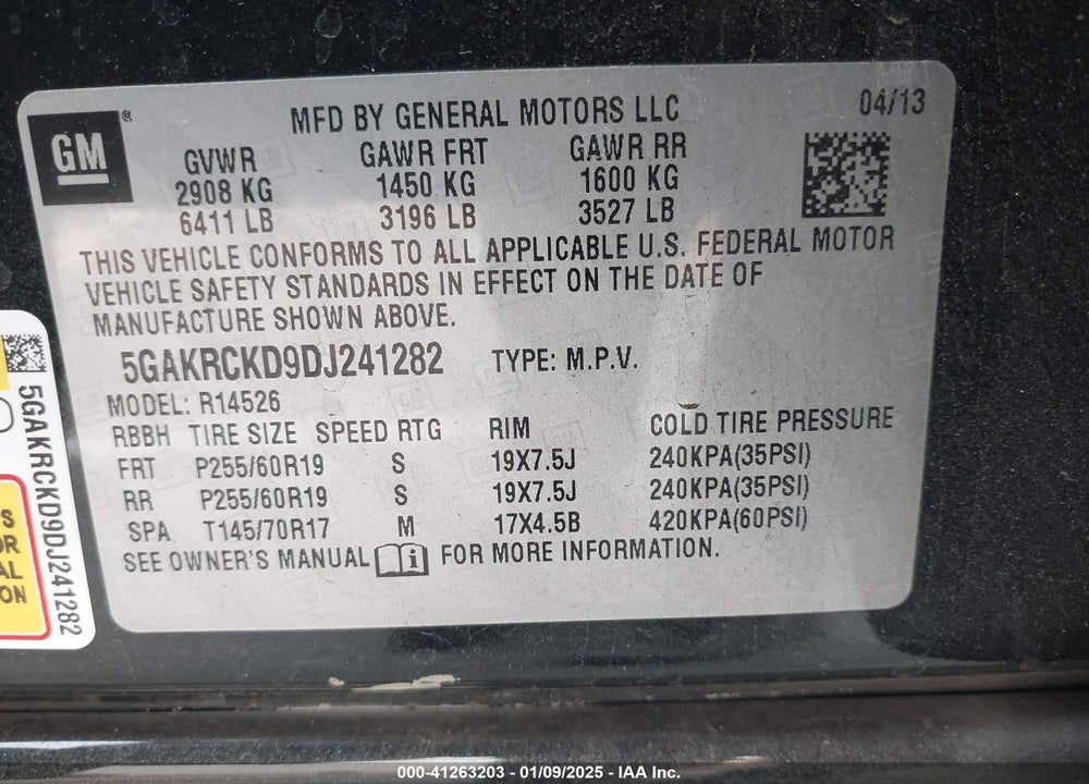 2013 BUICK ENCLAVE LEATHER VIN: 5GAKRCKD9DJ241282