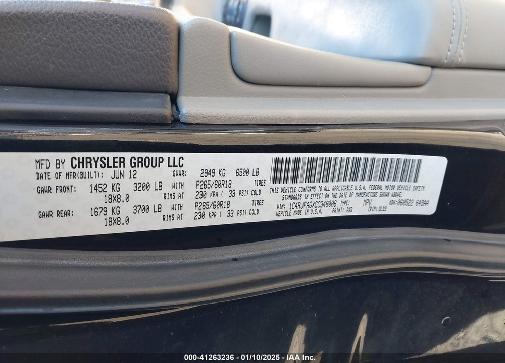 2012 JEEP GRAND CHEROKEE LAREDO VIN: 1C4RJFAGXCC348006