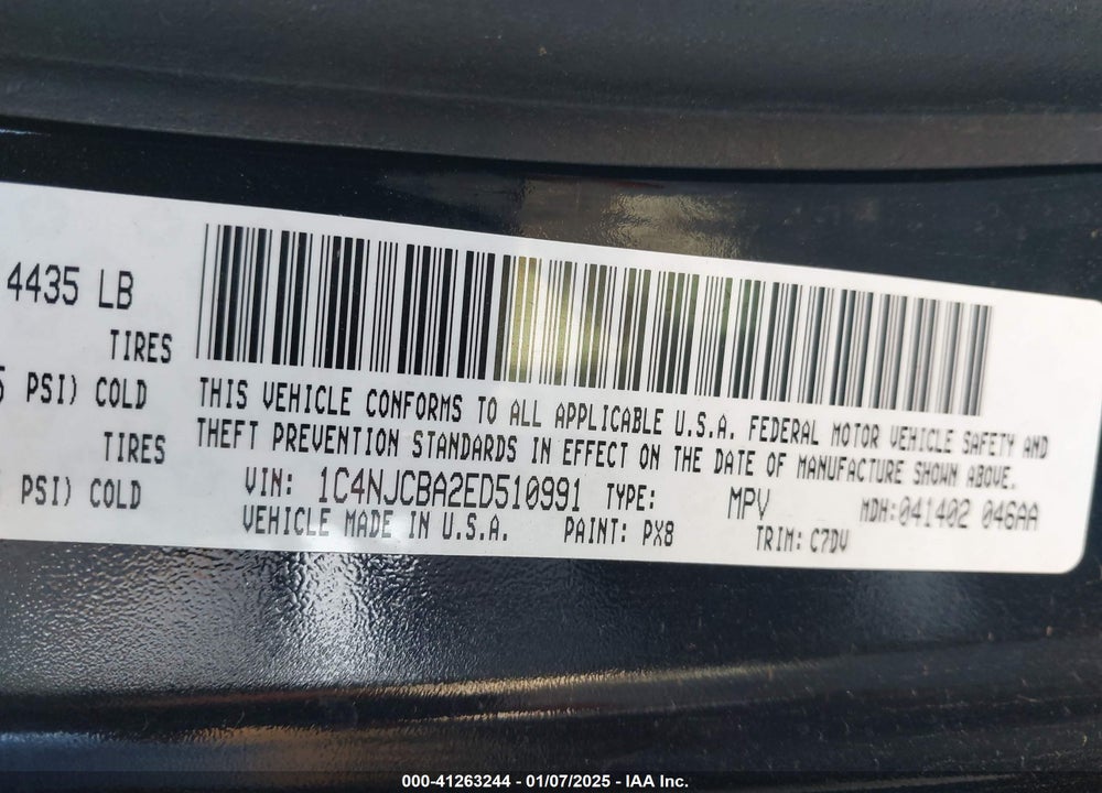 2014 JEEP COMPASS SPORT VIN: 1C4NJCBA2ED510991