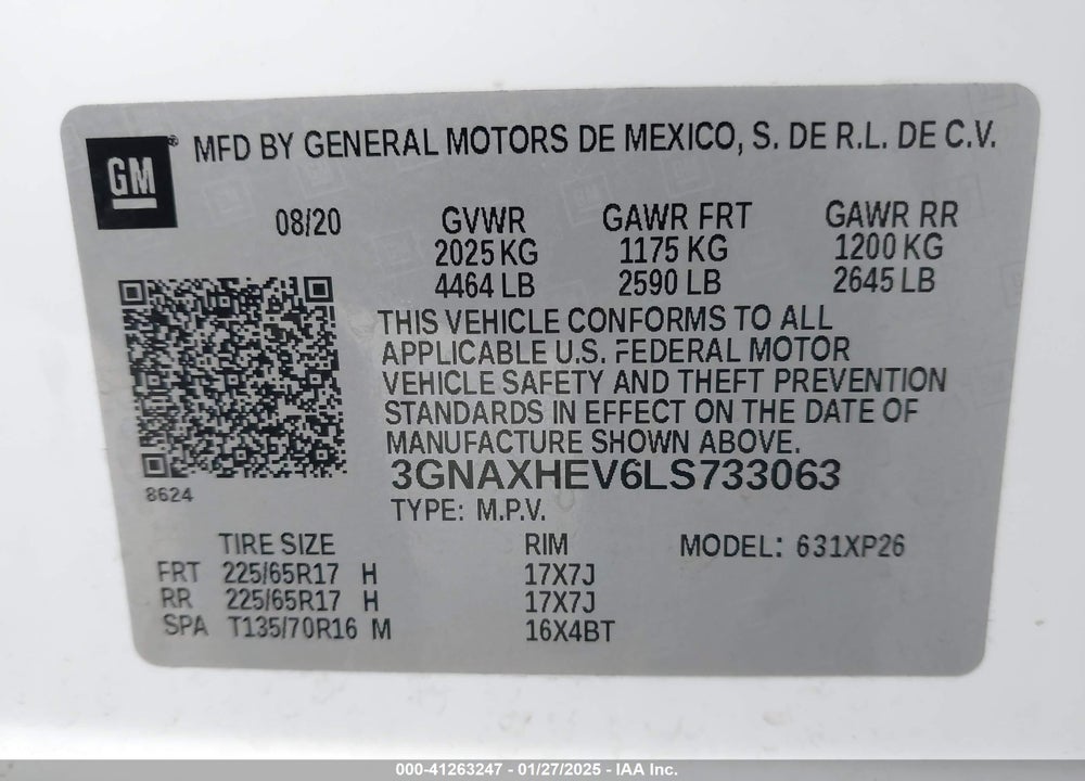 2020 CHEVROLET EQUINOX FWD LS VIN: 3GNAXHEV6LS733063