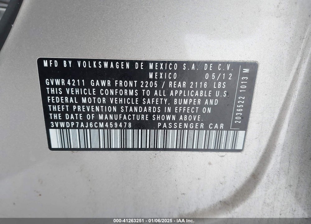 2012 VOLKSWAGEN JETTA 2.5L SE VIN: 3VWDP7AJ6CM459478