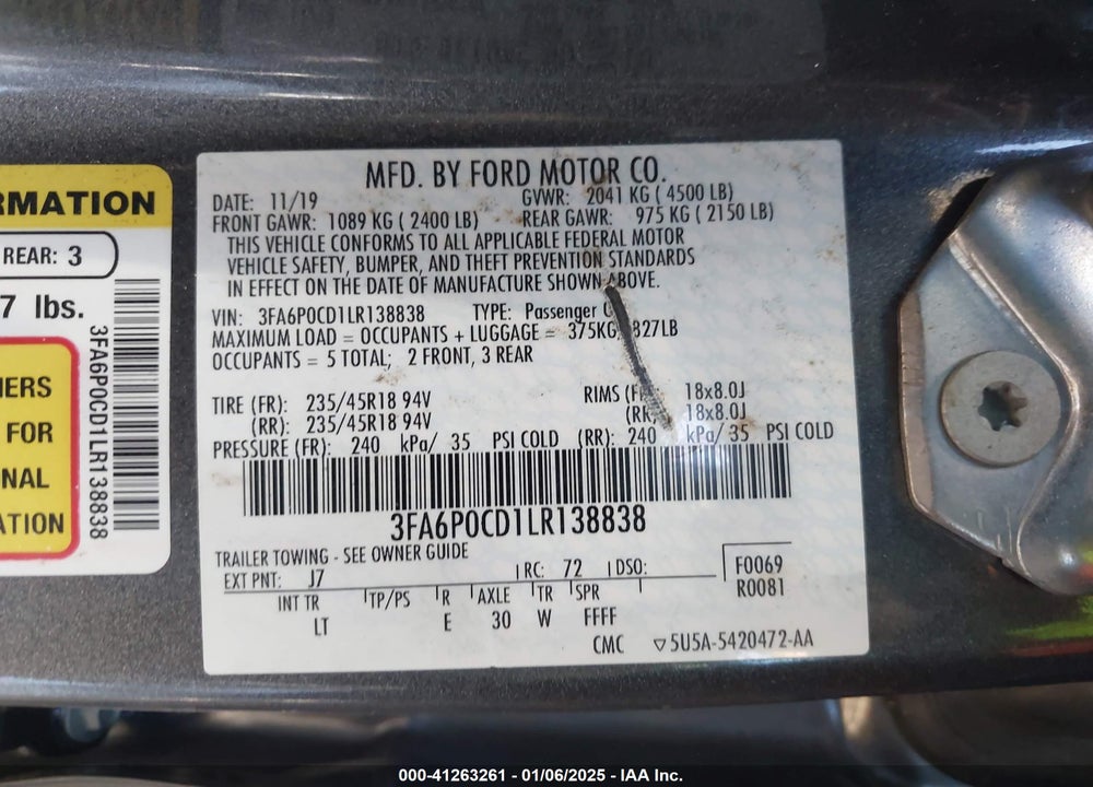 2020 FORD FUSION VIN: 3FA6P0CD1LR138838