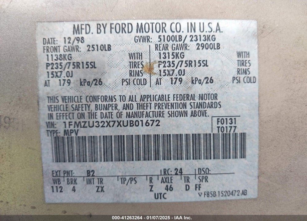 1999 FORD EXPLORER XL/XLT VIN: 1FMZU32X7XUB01672