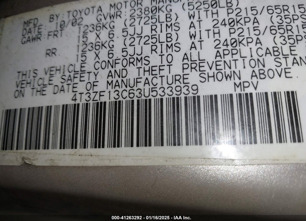 2003 TOYOTA SIENNA LE VIN: 4T3ZF13C63U533939