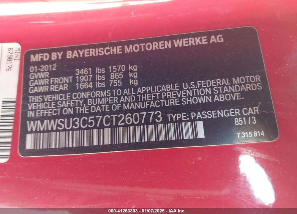 2012 MINI COOPER VIN: WMWSU3C57CT260773