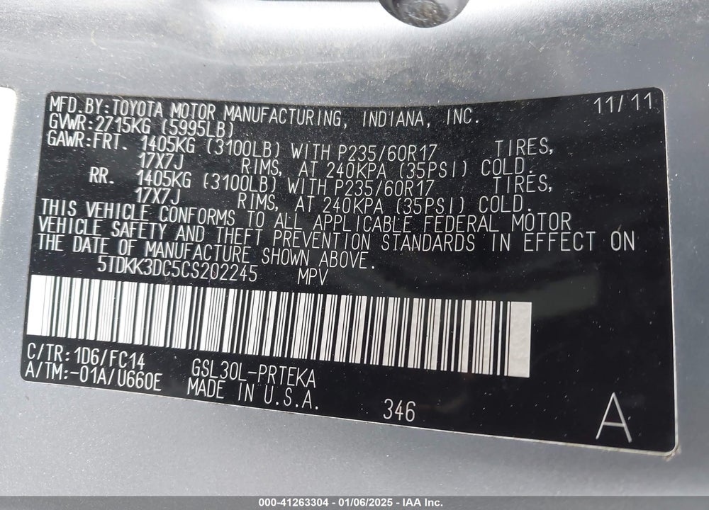 2012 TOYOTA SIENNA LE V6 8 PASSENGER VIN: 5TDKK3DC5CS202245