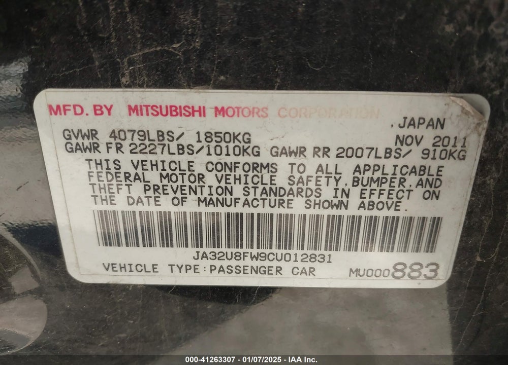 2012 MITSUBISHI LANCER GT VIN: JA32U8FW9CU012831