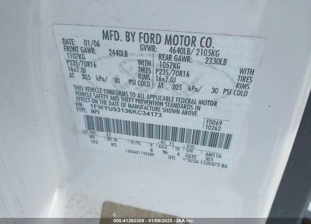 2006 FORD ESCAPE XLT/XLT SPORT VIN: 1FMYU93136KC34173