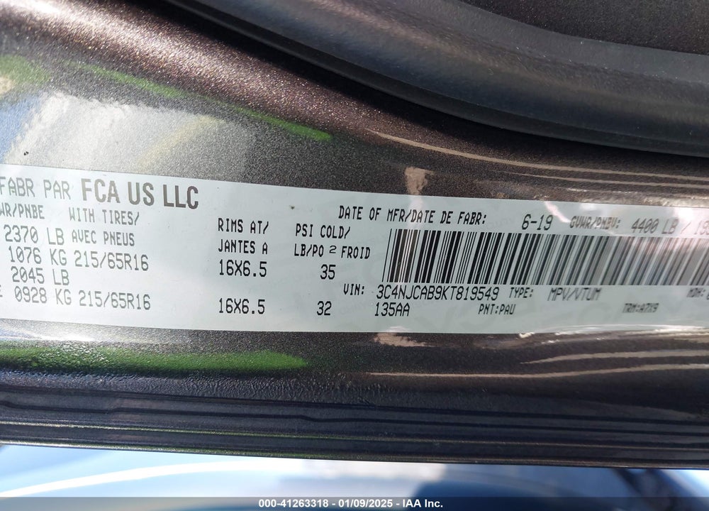 2019 JEEP COMPASS VIN: 3C4NJCAB9KT819549
