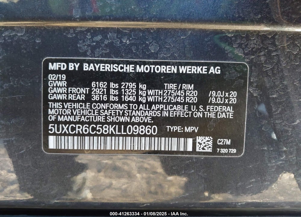 2019 BMW X5 XDRIVE40I VIN: 5UXCR6C58KLL09860