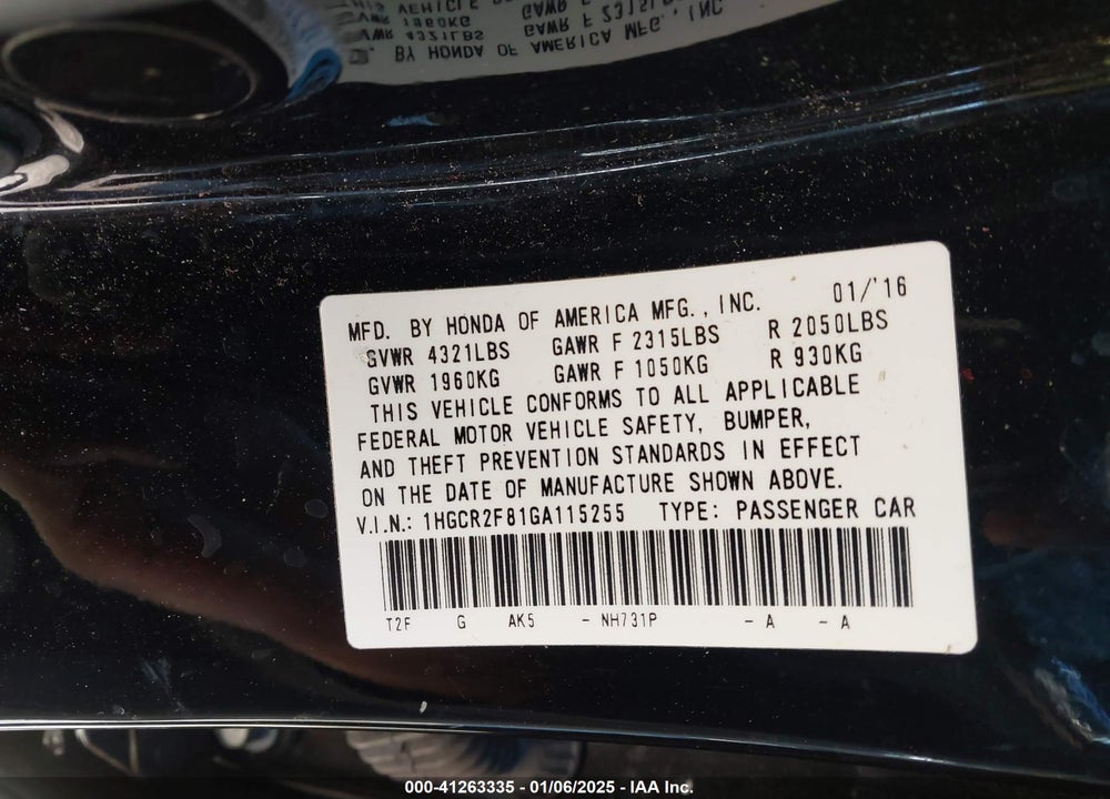 2016 HONDA ACCORD VIN: 1HGCR2F81GA115255