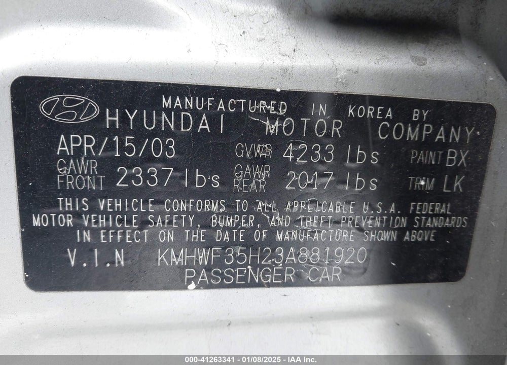 2003 HYUNDAI SONATA GLS/LX VIN: KMHWF35H23A881920