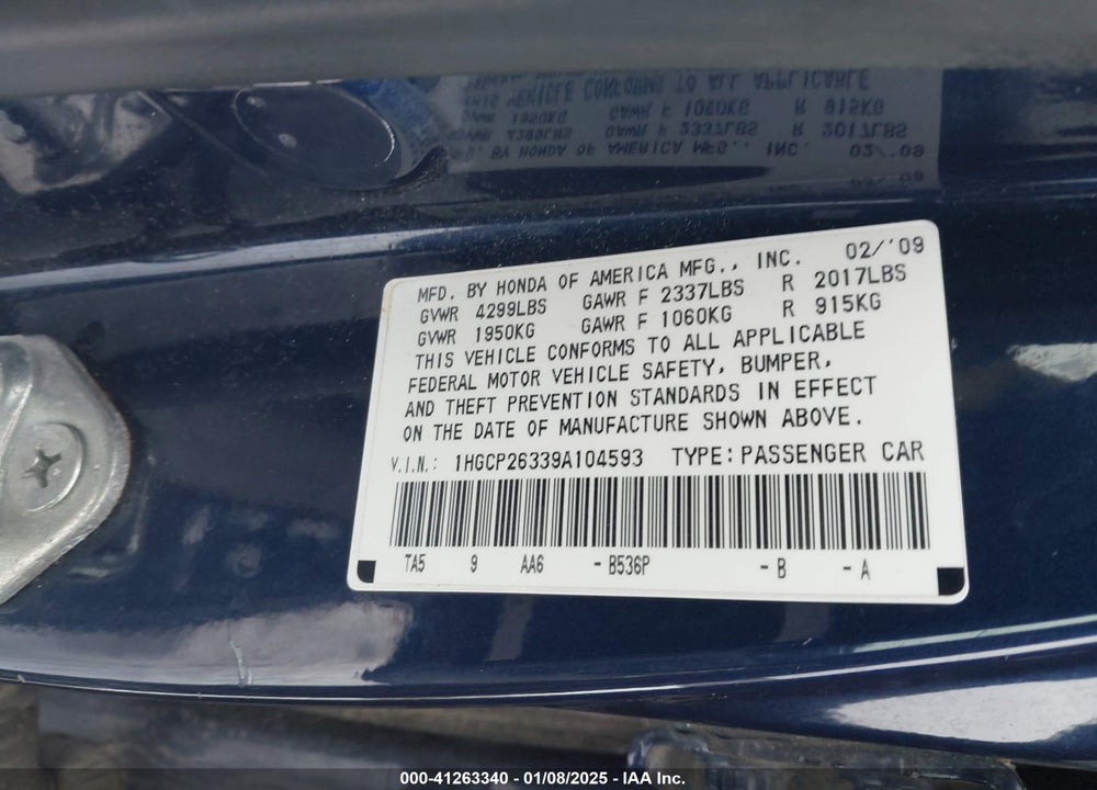 2009 HONDA ACCORD 2.4 LX VIN: 1HGCP26339A104593