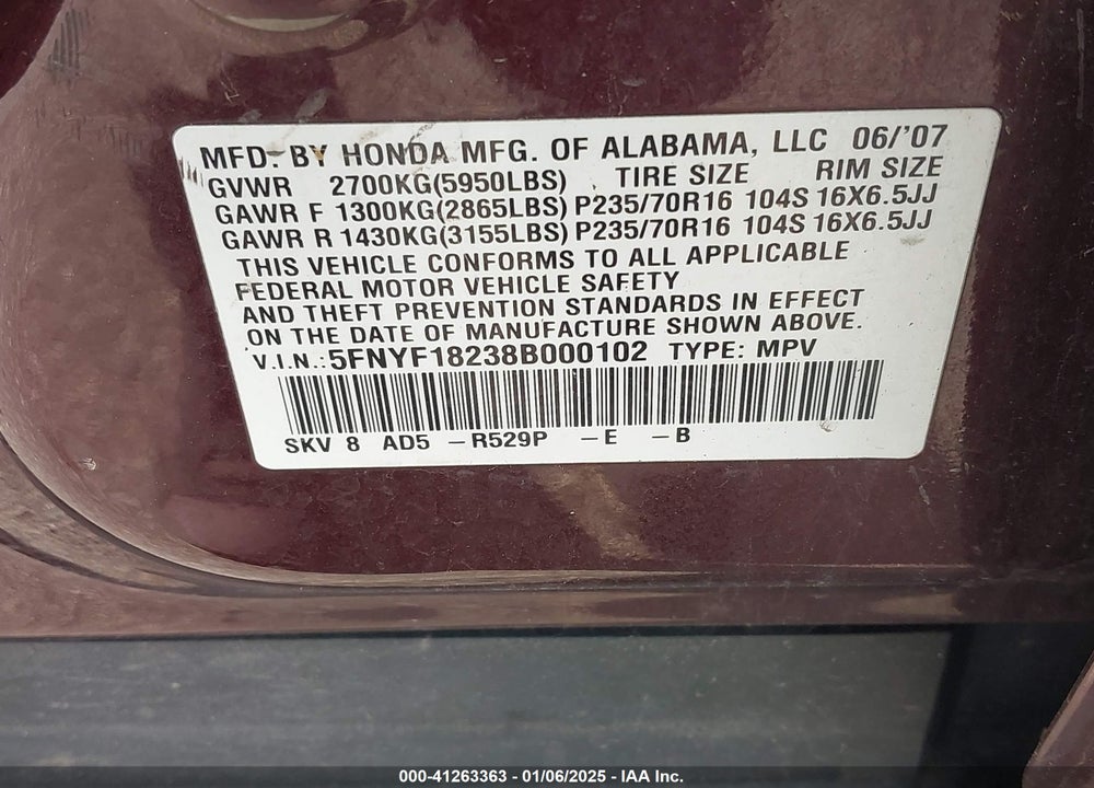 2008 HONDA PILOT VP VIN: 5FNYF18238B000102