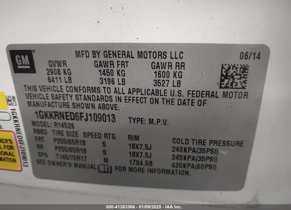 2015 GMC ACADIA SLE-1 VIN: 1GKKRNED6FJ109013