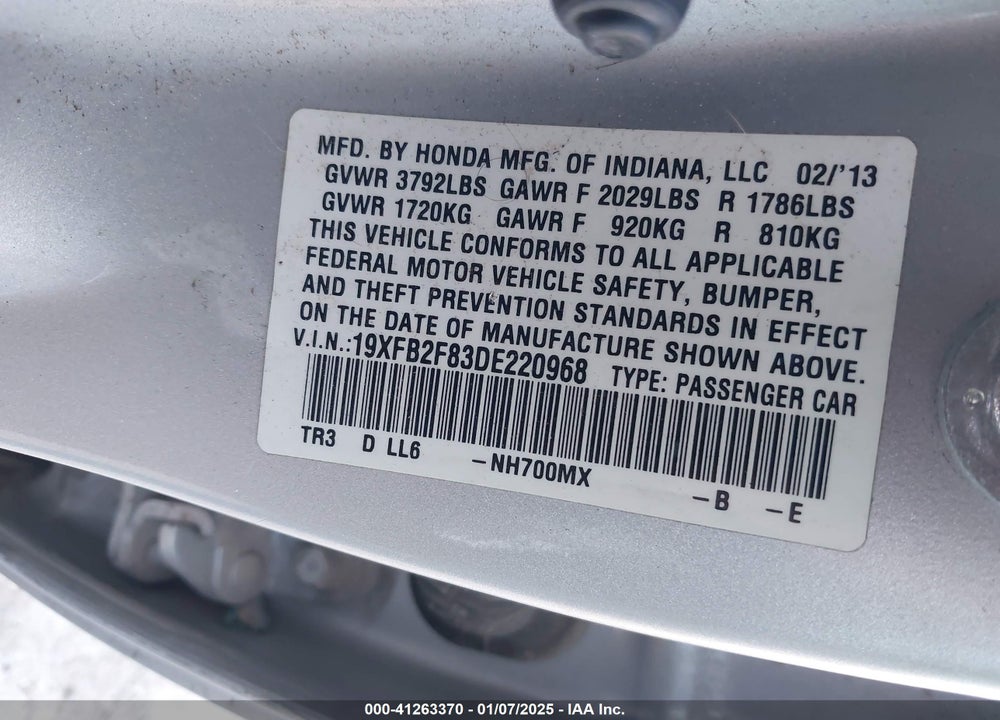 2013 HONDA CIVIC EX VIN: 19XFB2F83DE220968