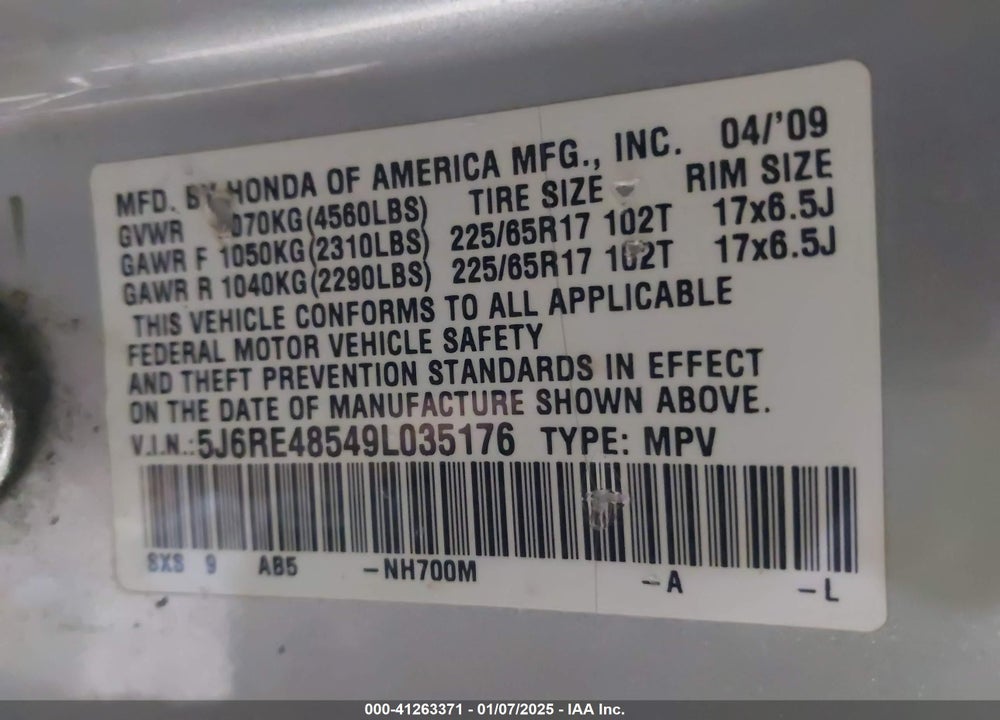 2009 HONDA CR-V EX VIN: 5J6RE48549L035176