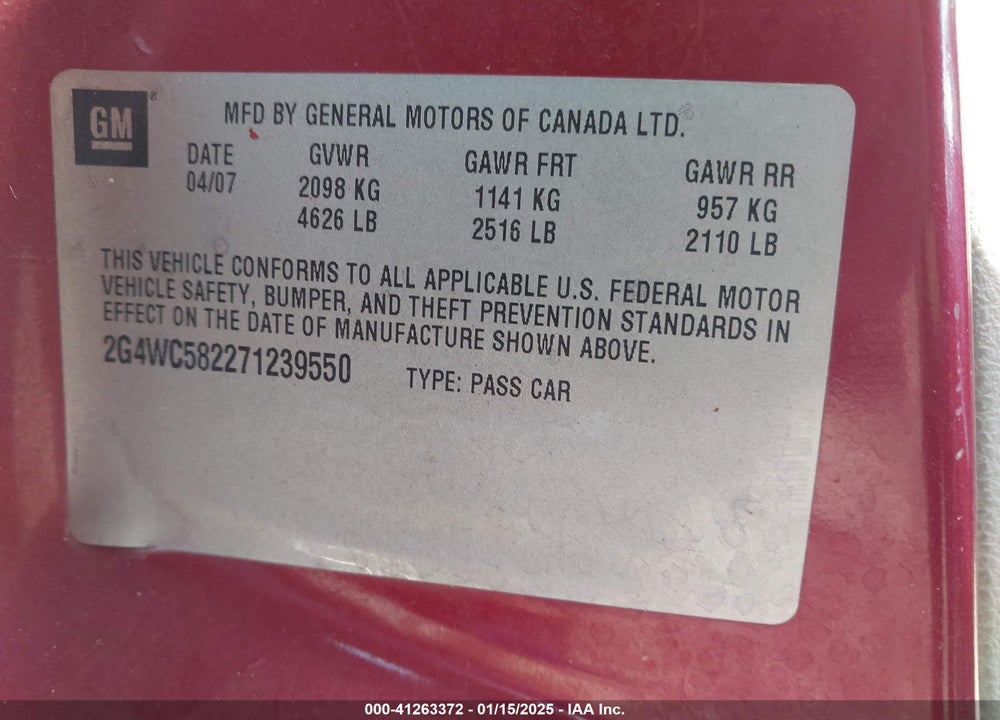 2007 BUICK LACROSSE CX VIN: 2G4WC582271239550