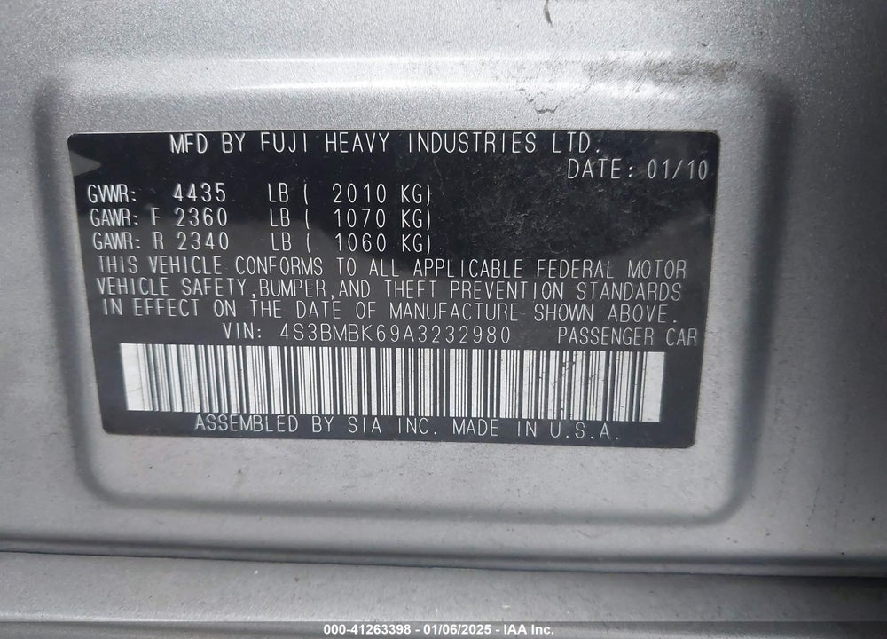 2010 SUBARU LEGACY 2.5I LIMITED VIN: 4S3BMBK69A3232980