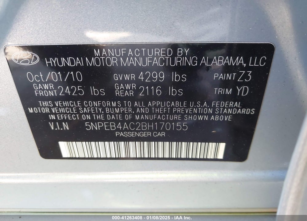 2011 HYUNDAI SONATA GLS VIN: 5NPEB4AC2BH170155
