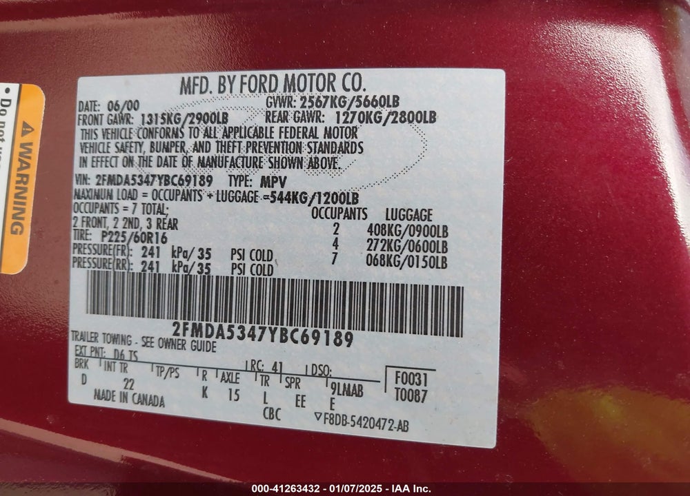 2000 FORD WINDSTAR LIMITED/SEL VIN: 2FMDA5347YBC69189