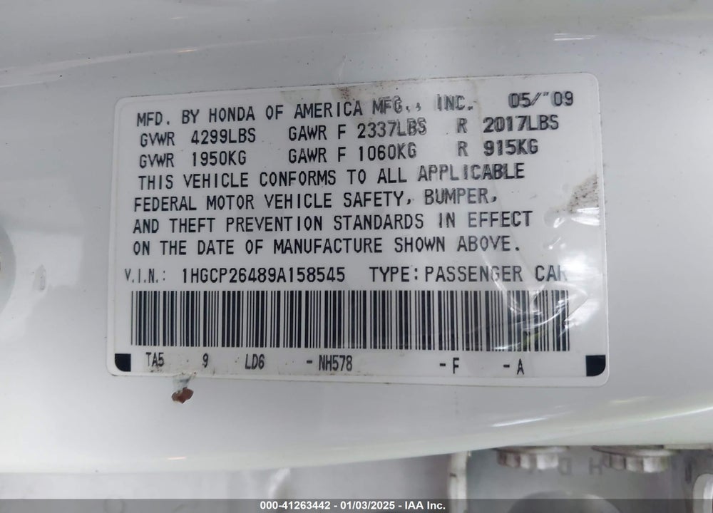 2009 HONDA ACCORD 2.4 LX-P VIN: 1HGCP26489A158545