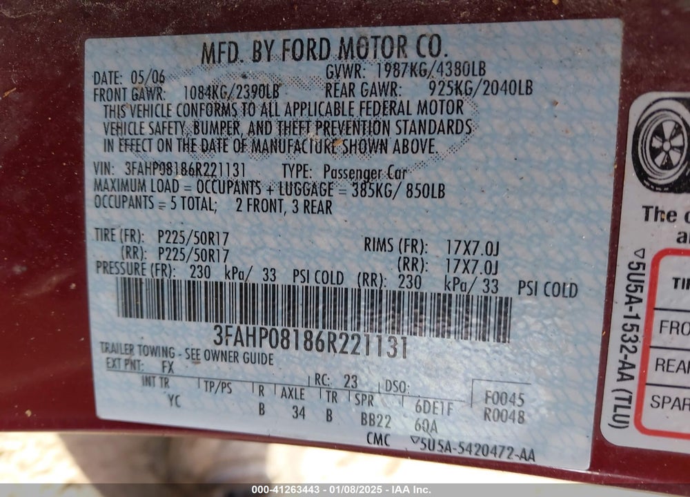 2006 FORD FUSION SEL VIN: 3FAHP08186R221131