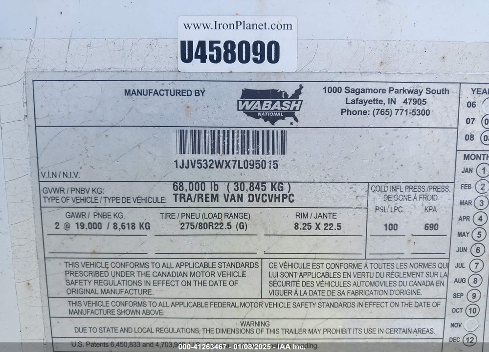 2007 WABASH NATIONAL CORP UNKNOWN VIN: 1JJV532WX7L095015