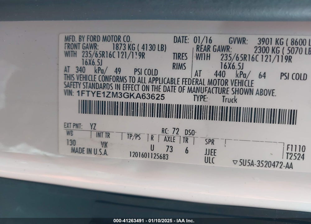 2016 FORD TRANSIT-150 VIN: 1FTYE1ZM3GKA63625