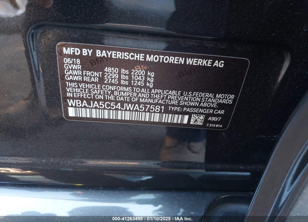 2018 BMW 530I VIN: WBAJA5C54JWA57581