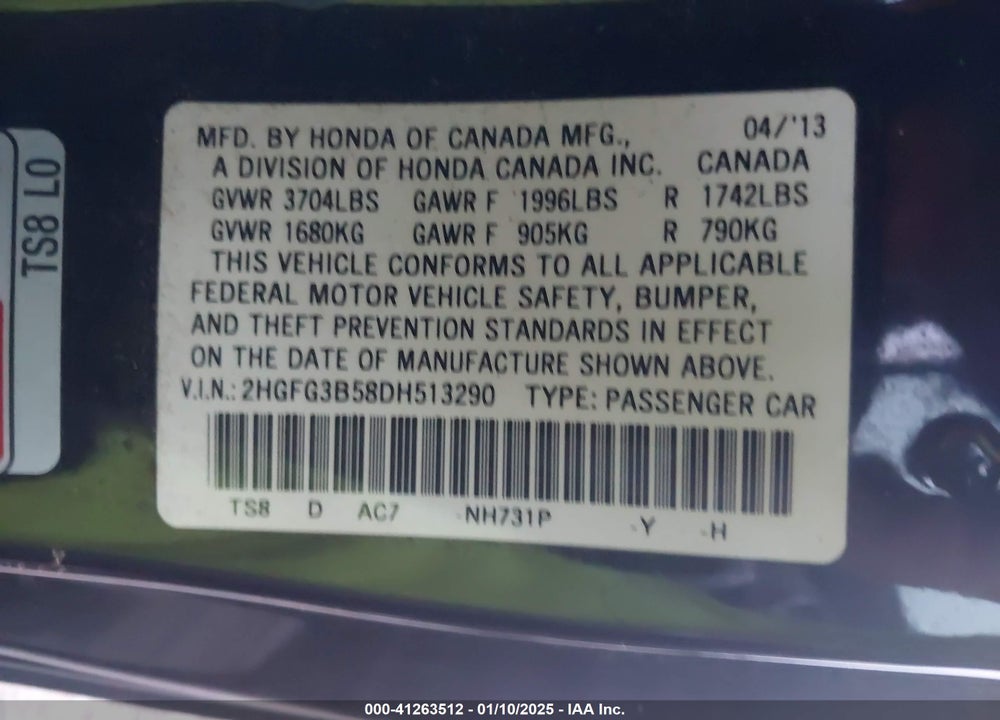 2013 HONDA CIVIC VIN: 2HGFG3B58DH513290