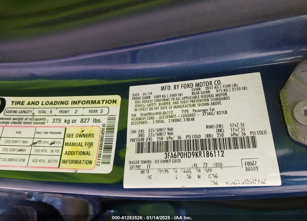 2019 FORD FUSION SE VIN: 3FA6P0HD9KR186112