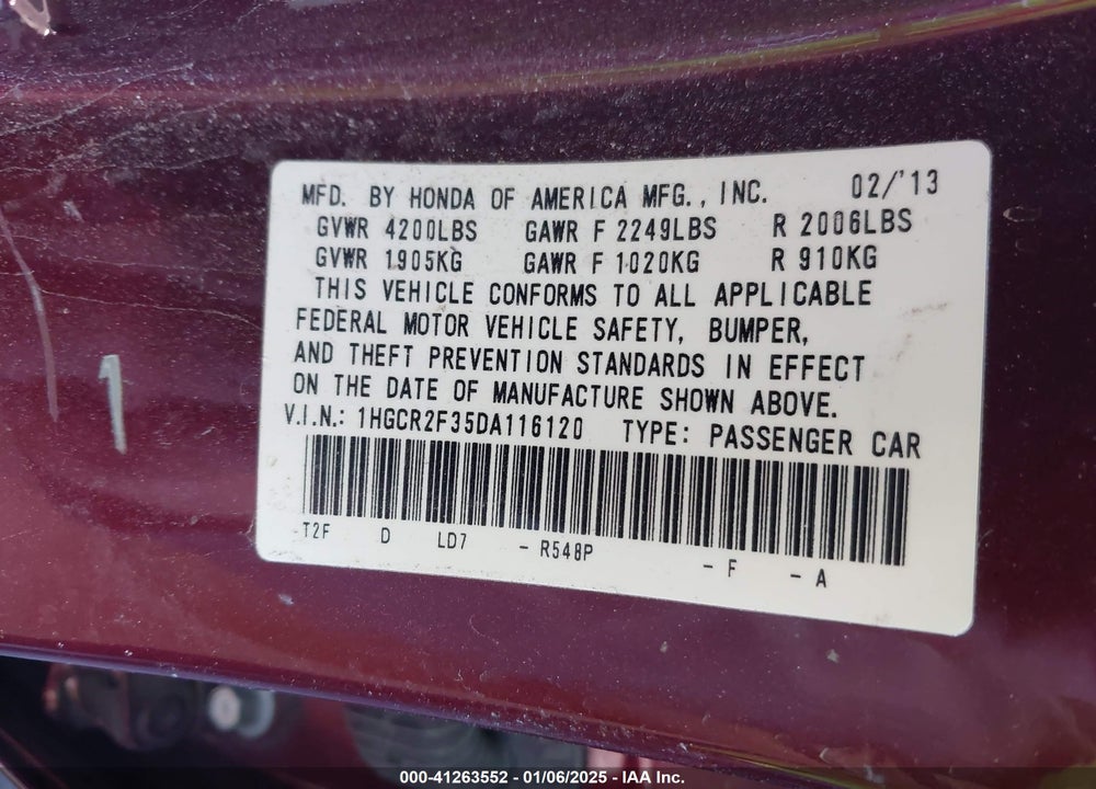 2013 HONDA ACCORD LX VIN: 1HGCR2F35DA116120