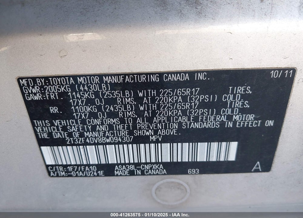2011 TOYOTA RAV4 VIN: 2T3ZF4DV8BW094307