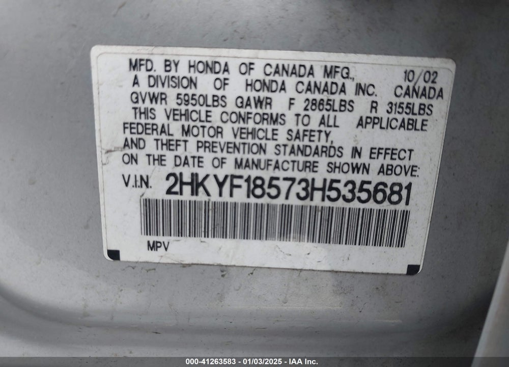 2003 HONDA PILOT EX-L VIN: 2HKYF18573H535681