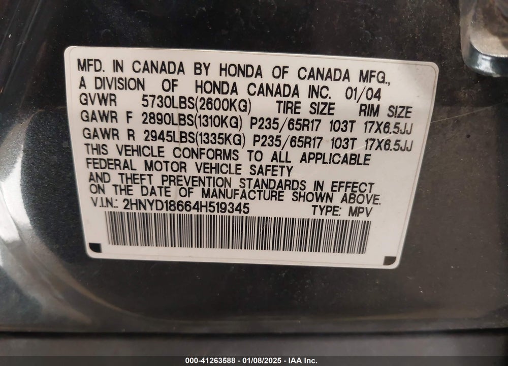 2004 ACURA MDX VIN: 2HNYD18664H519345
