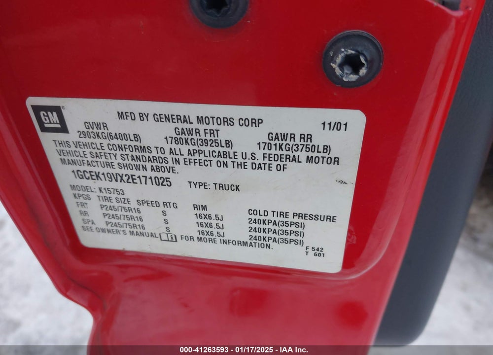 2002 CHEVROLET SILVERADO 1500 VIN: 1GCEK19VX2E171025